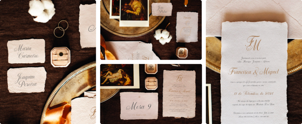 Marcador de lugar, marcador de mesa e ementa em papel vegetal com efeito rasgado e detalhes em dourado