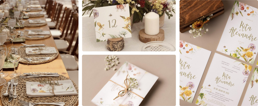 Ementa e marcador de lugar com fio natural com estilo floral, marcador de mesa com estilo floral, convite de casamento com estilo floral e envelope em papel vegetal inspirado na costa amalfitana