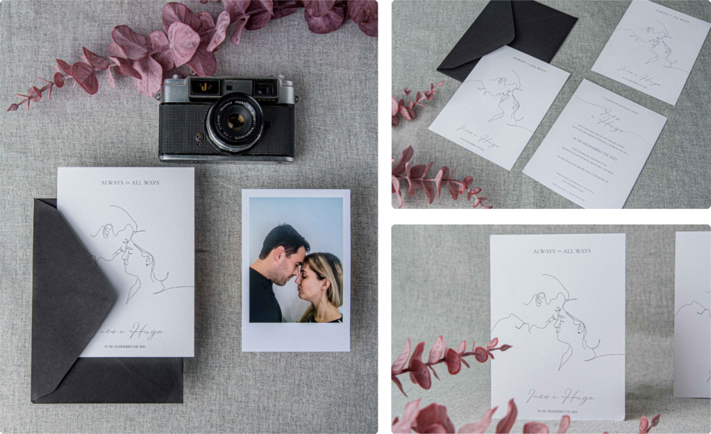 Convite de Casamento em papel com ilustração com envelope preto