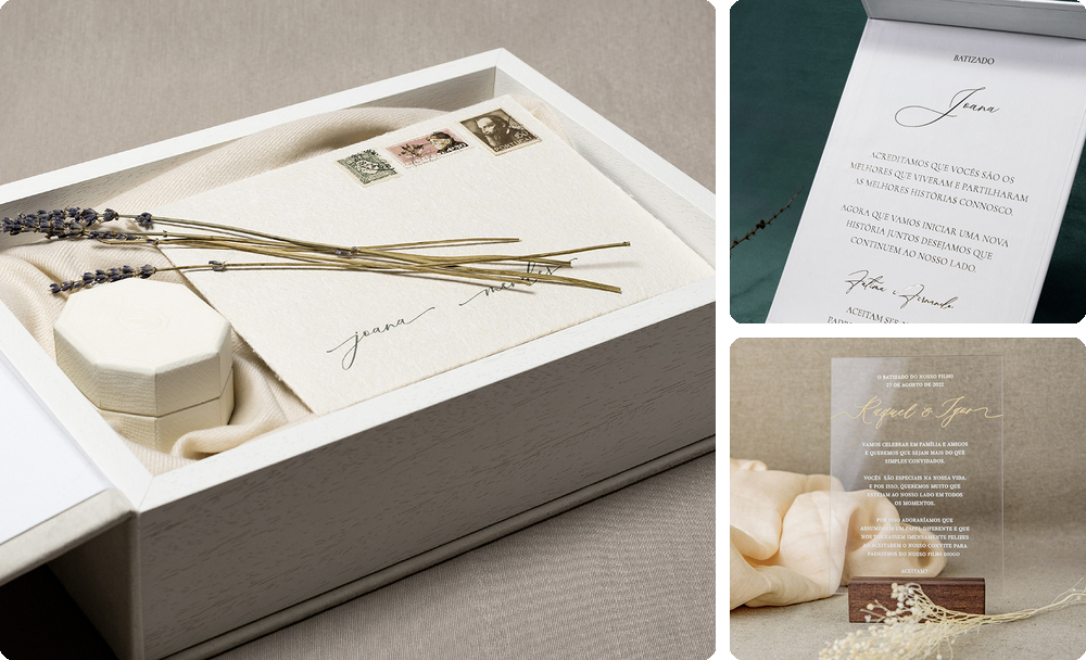 Caixa personalizada, carta de agradecimento de batizado e convite de casamento em acrílico com detalhes dourado com base de madeira