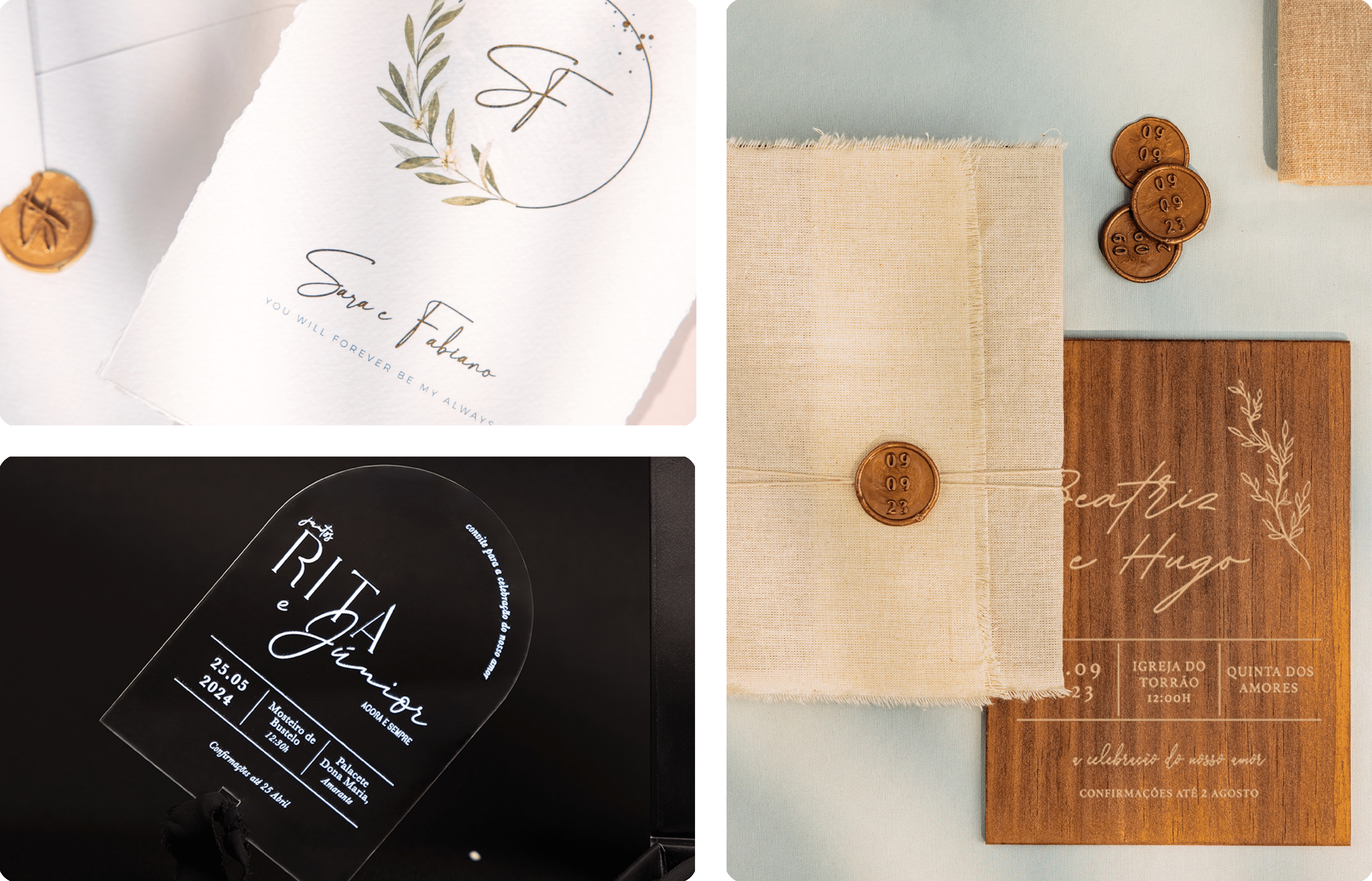 Convites de Casamentos em acrílico e papel algodão com efeito rasgado, convites em madeira forrados com linho com lacre dourado e fio natural