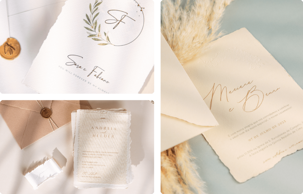Convite de Casamento em papel artístico com detalhes em dourado e detalhes florais e carta com lacre dourado e fio branco