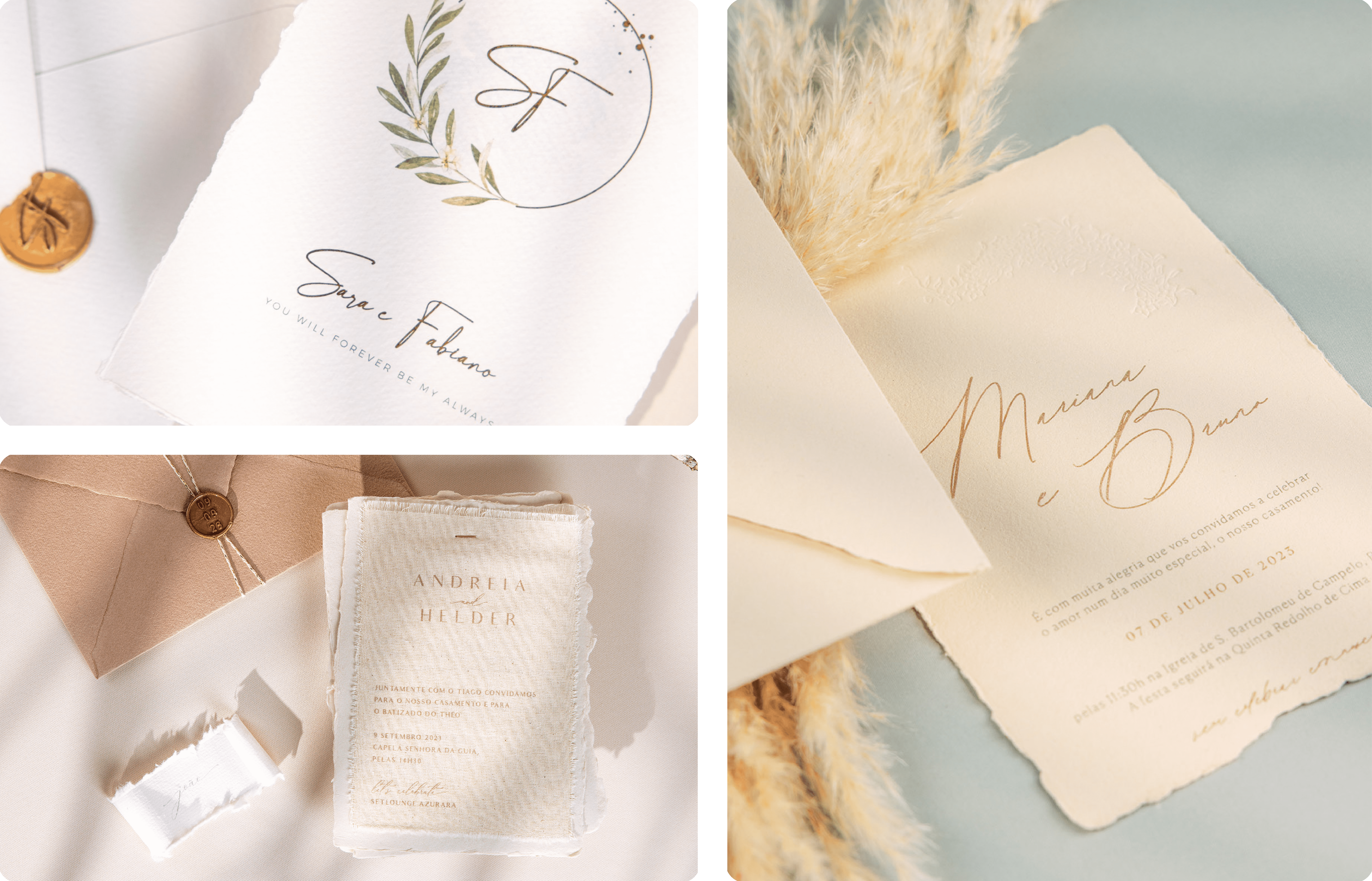 Convite de Casamento em papel artístico com detalhes em dourado e detalhes florais e carta com lacre dourado e fio branco