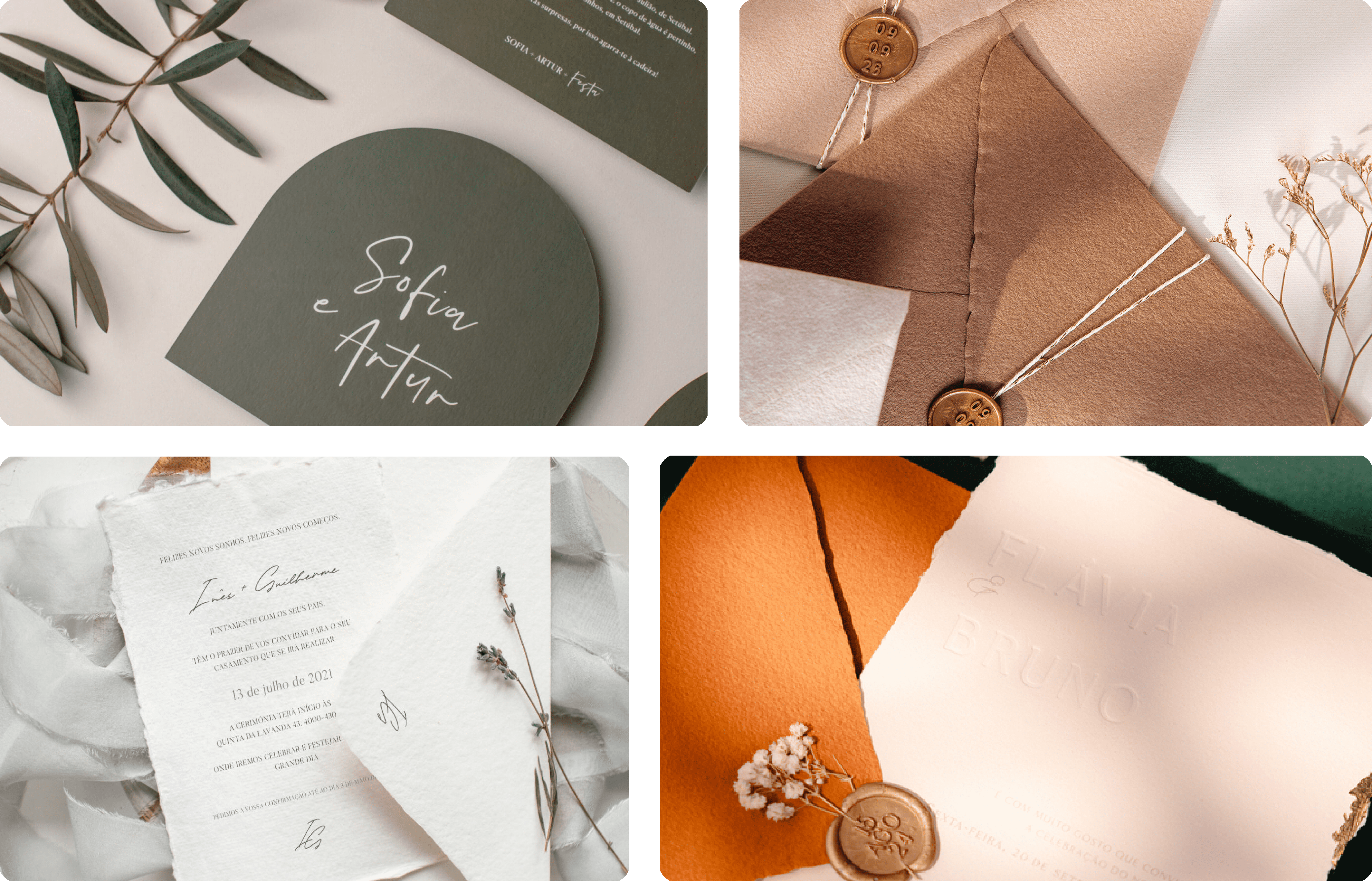 Convites de Casamento Minimalista e envelope em castanho e laranja em papel com lacre dourado e detalhes florais