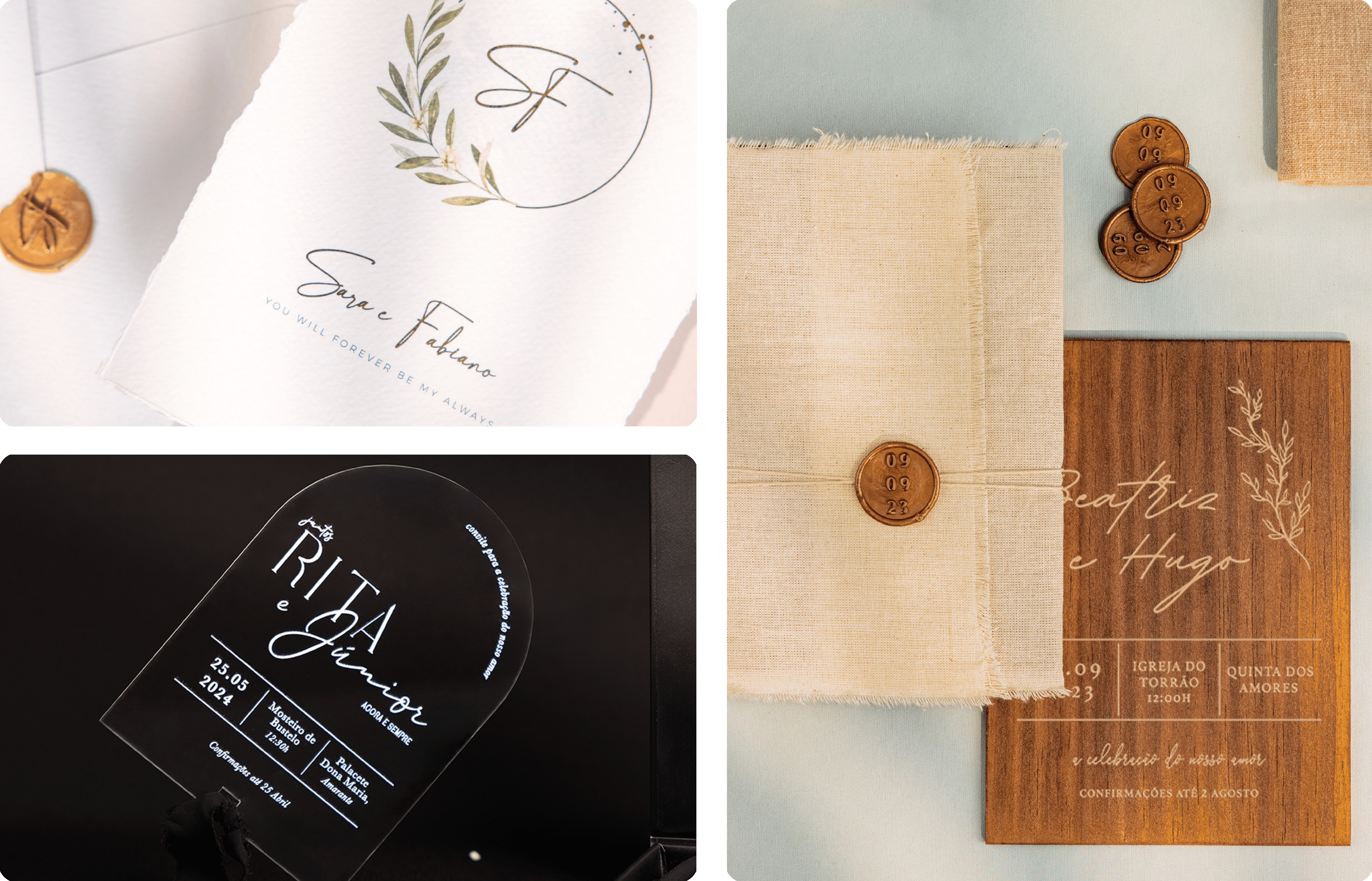 Convites de casamento acrílico, papel algodão com efeito rasgado e convites em madeira forrados com linho com lacre dourado e fio natural