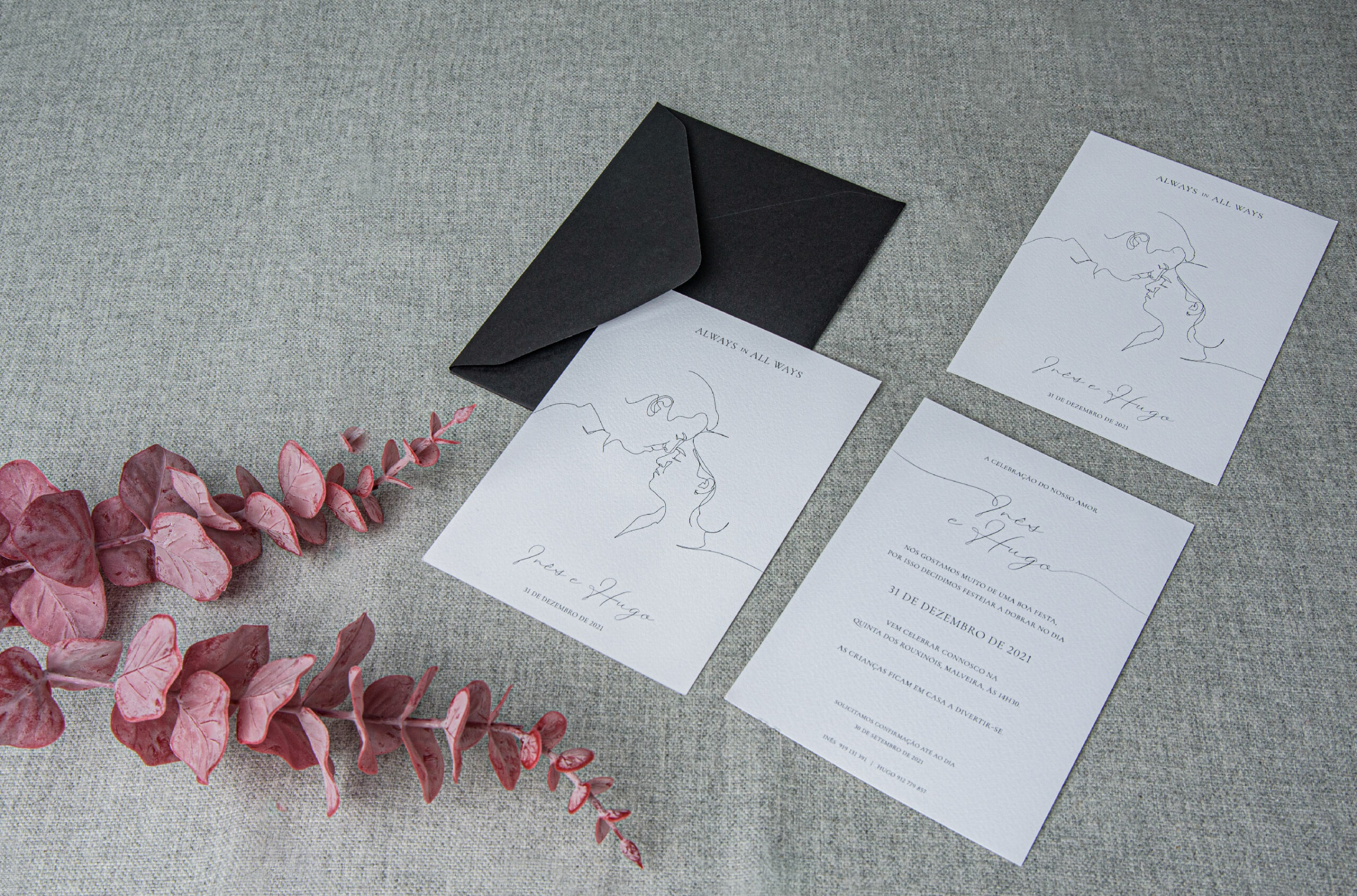 Convites de Casamento com Ilustração e envelope preto