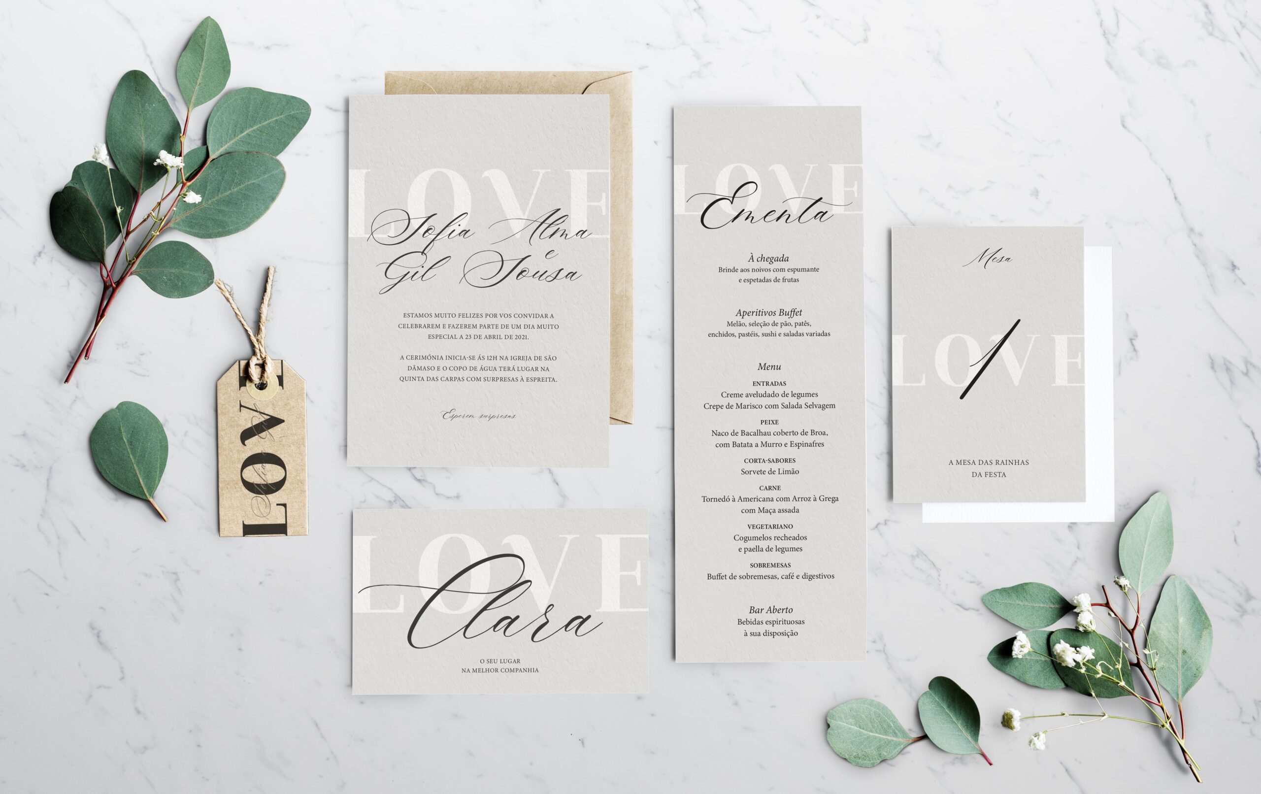 Convite de Casamento, ementa, marcador de lugar e marcador de mesa tipográfico