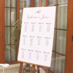 Placa de seating plan com detalhes florais e um cavalete de madeira