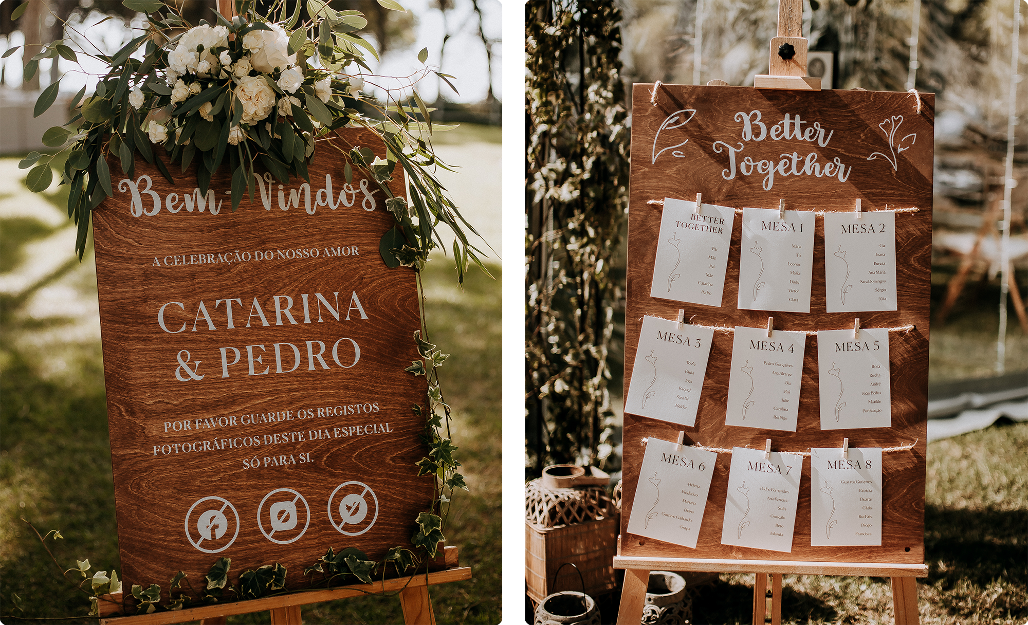 Placa de boas vindas em madeira com apontamentos decorativos florais num cavalete de madeira e Seating Plan de madeira com corda e molas para casamento ao ar livre com um estilo mais rústico