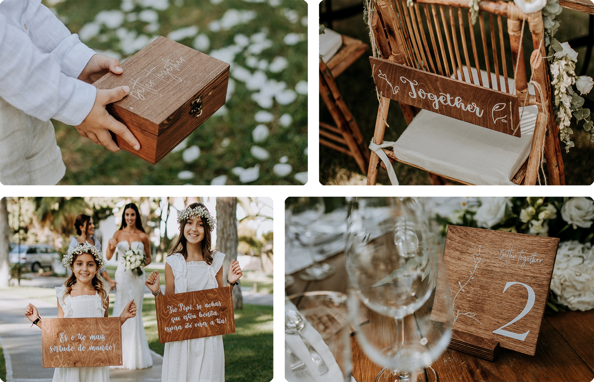 caixa de alianças em madeira, meninas com placas dos meninos das alianças com fio natural, marcador de lugar em madeira com fio natural e marcador de mesa com detalhes florais em madeira com detalhes florais e base de madeira